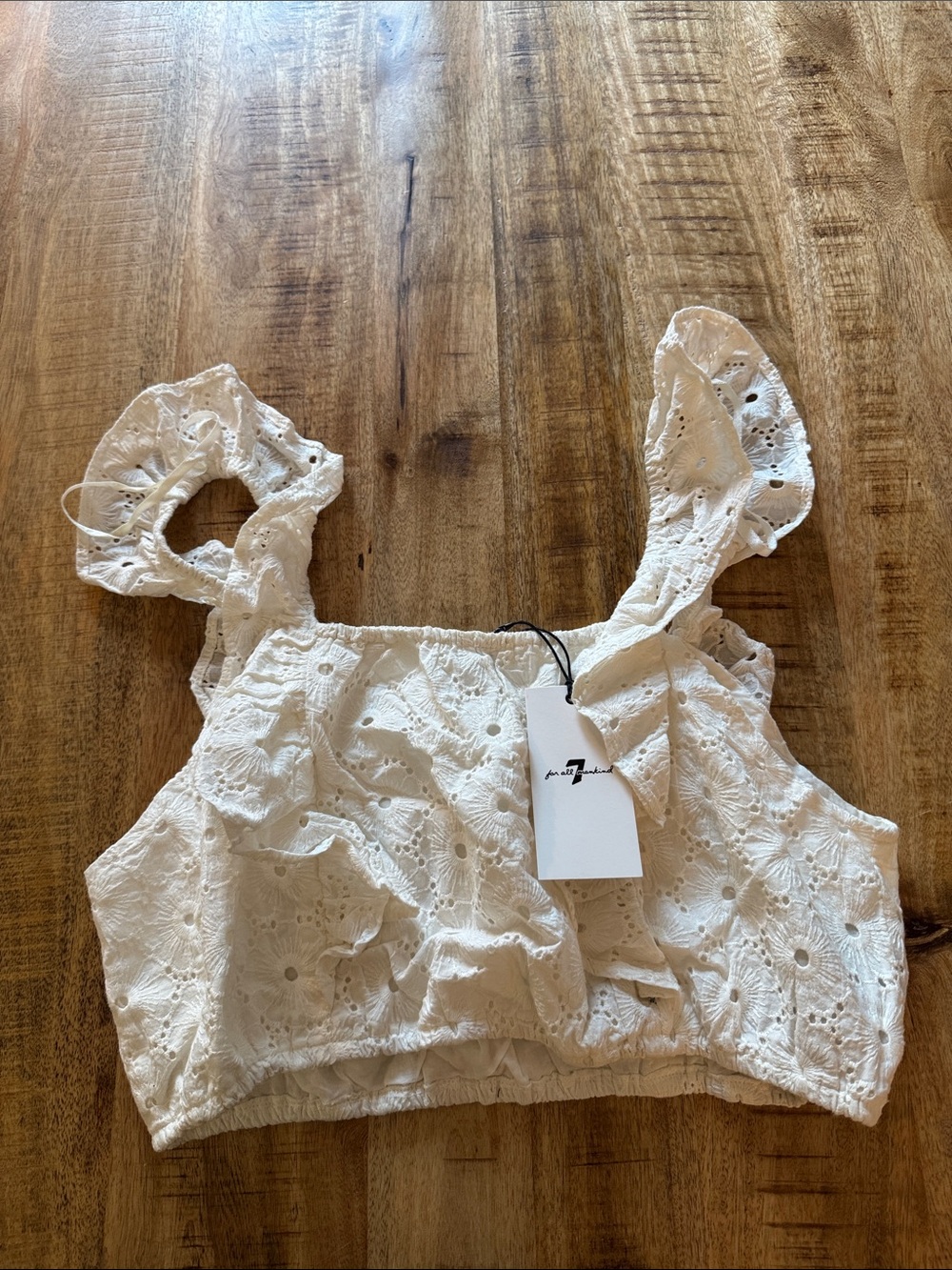 7 For All Mankind White Eyelet Ruffle Crop Top 100% cotton size large NEW NWT